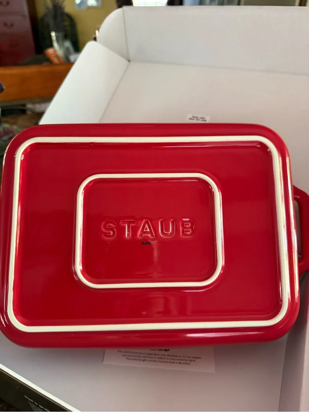 Staub Red Ceramic Rectangular Gratin Dish with Cream Interior